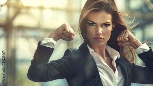 Business-Power in Aktion: Starke Frau im Anzug in kraftvoller Pose (Front Double Bicep Pose). Symbolisierend für starke Frauen im Geschäftsleben.