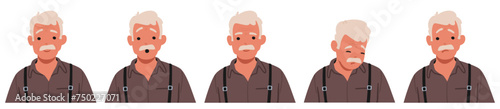 Old Man Facial Emotions Set. Senior Grey Haired Male Character Feel Surprise, Sadness, Wisdom, Guilty Or Unhappy