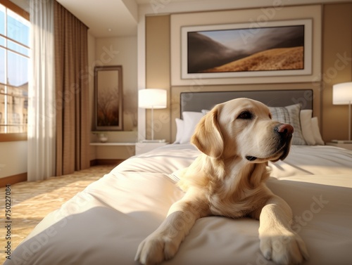 Relaxed dog lounging in bed. A content dog lying enjoying a lazy day on a plush bed. Concept of pets friendly hotel or home bedroom. Pet in hotel room © Rodica