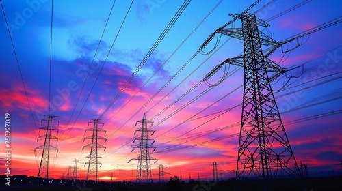 Electric Power Lines at Sunset - Energy Infrastructure - Vibrant Sky - Technological Grid - Generative AI