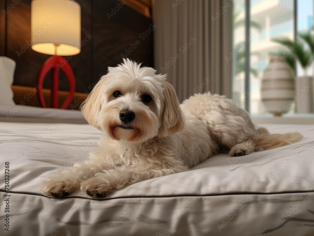 Relaxed dog lounging in bed. A content dog lying enjoying a lazy day on a plush bed. Concept of pets friendly hotel or home bedroom. Pet in hotel room Relaxed dog lounging in bed. A content dog lying enjoying a lazy day on a plush bed. Concept of pets friendly hotel or home bedroom. Pet in hotel room