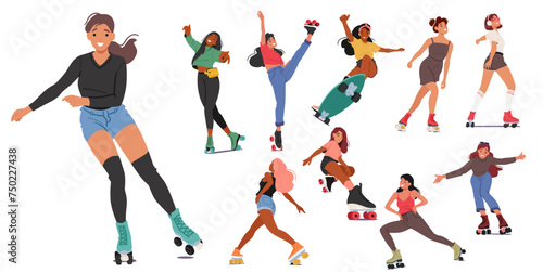 Vibrant Vector Set Of Young Women Gracefully Roller Skating  Exuding Energy And Joy  Captured In A Dynamic Poses