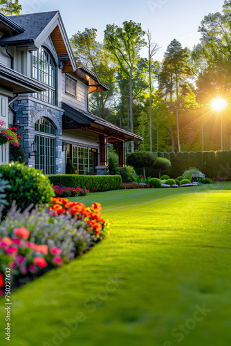 Perfect manicured lawn and flowerbed with shrubs in sunshine, on a backdrop of residential house backyard.  © assia