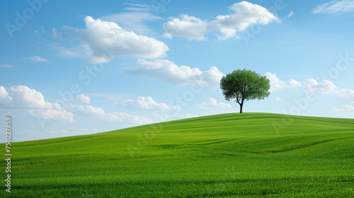 Lone Tree on Vibrant Green Hill Under Blue Sky