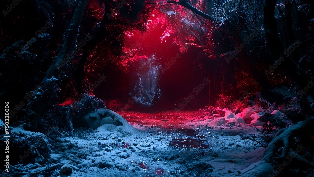 Midnight snow forest. Midnight background. Dark background. Generative AI.