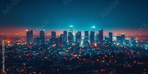 Breathtaking in Los Angeles at sunset. Skyscrapers stand clearly against the background of a vibrant and colorful sky painted with shades 