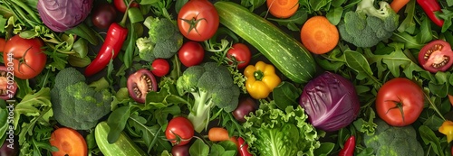 Colorful fresh vegetables  tomato  cabbage  broccoli  cucumber  pepper  cabbage  carrot. Colorful Nutrients. Top down picture 