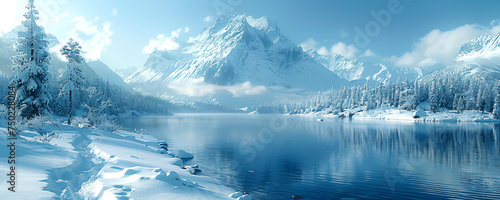 beautiful snowy mountain landscape, winter scenery with blue sky