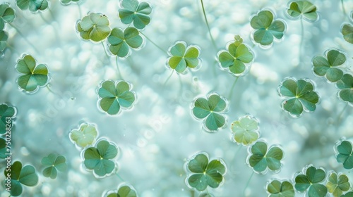 Aquatic texture, clovers floating in water, green and white color palette, St. Patrick's Day background