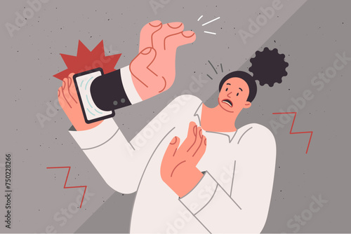 Telephone operator hand protrudes from smartphone, scaring girl who was about to answer call