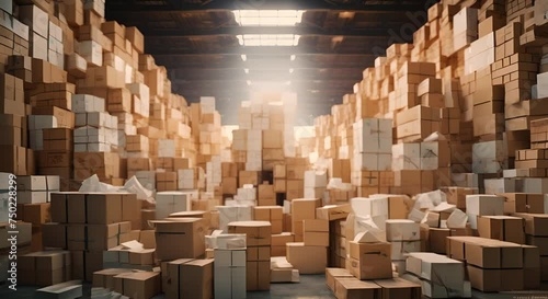 Many Paper Packing Boxes Piled Up in a Big Pile in Warehouse Setting photo