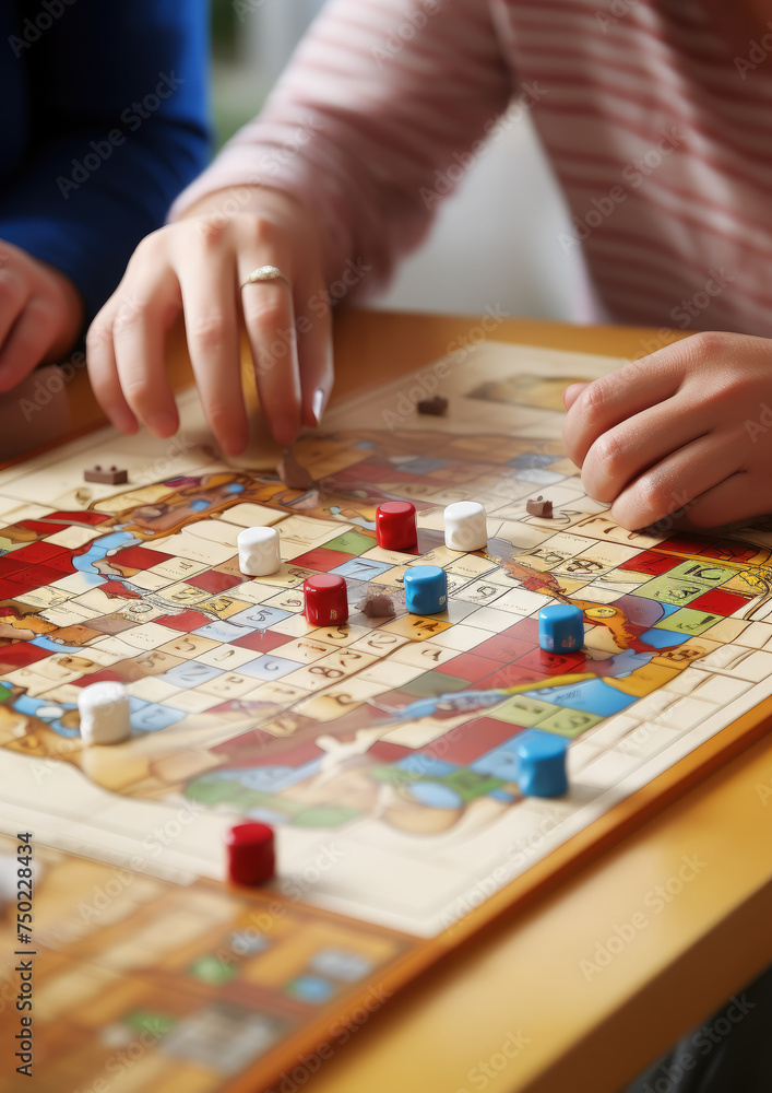 Fototapeta premium family playing a board game, close-up, playing field, chips, rules, hands, company, friends, children, parents, fun, logical, strategic, table, house, room, cubes