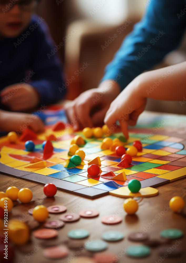 family playing a board game, close-up, playing field, chips, rules, hands, company, friends, children, parents, fun, logical, strategic, table, house, room, cubes family playing a board game, close-up, playing field, chips, rules, hands, company, friends, children, parents, fun, logical, strategic, table, house, room, cubes