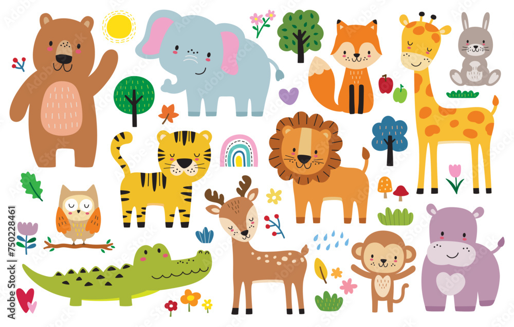 Fototapeta premium Animal JungleCute wild woodland safari jungle animals vector illustration including a bear, elephant, tiger, lion, fox, giraffe, rabbit, deer, crocodile, owl, monkey, and hippo. 