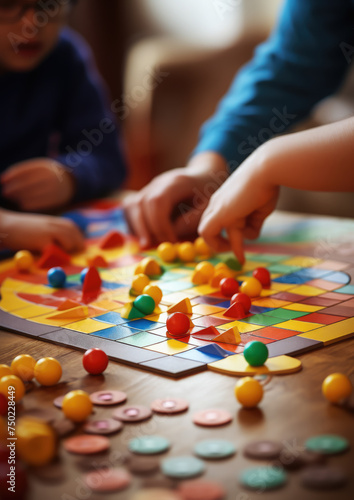family playing a board game, close-up, playing field, chips, rules, hands, company, friends, children, parents, fun, logical, strategic, table, house, room, cubes