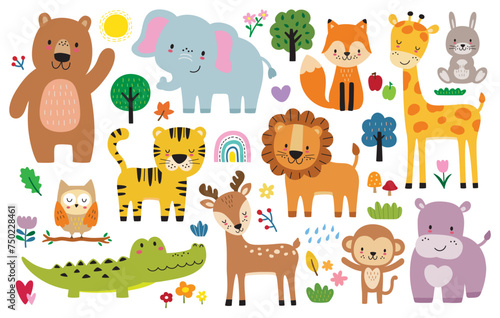 Animal JungleCute wild woodland safari jungle animals vector illustration including a bear, elephant, tiger, lion, fox, giraffe, rabbit, deer, crocodile, owl, monkey, and hippo.  © JungleOutThere