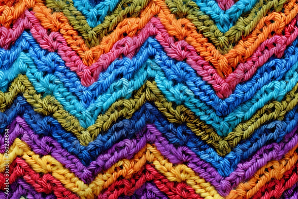 Colorful acrylic yarn crocheted into African inspired zigzag shapes create a smooth seamless knitted texture