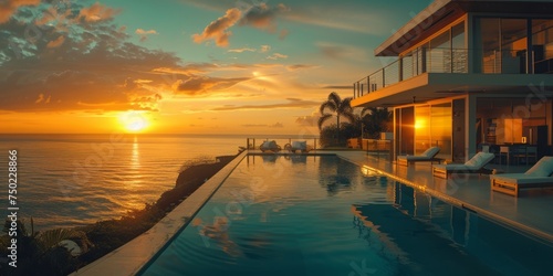 captures a breathtaking view of a luxurious house with an infinity pool overlooking an ocean during sunset