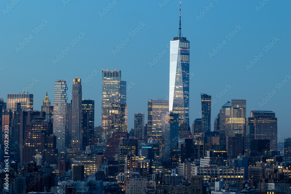 Lower Manhattan skyline at dusk