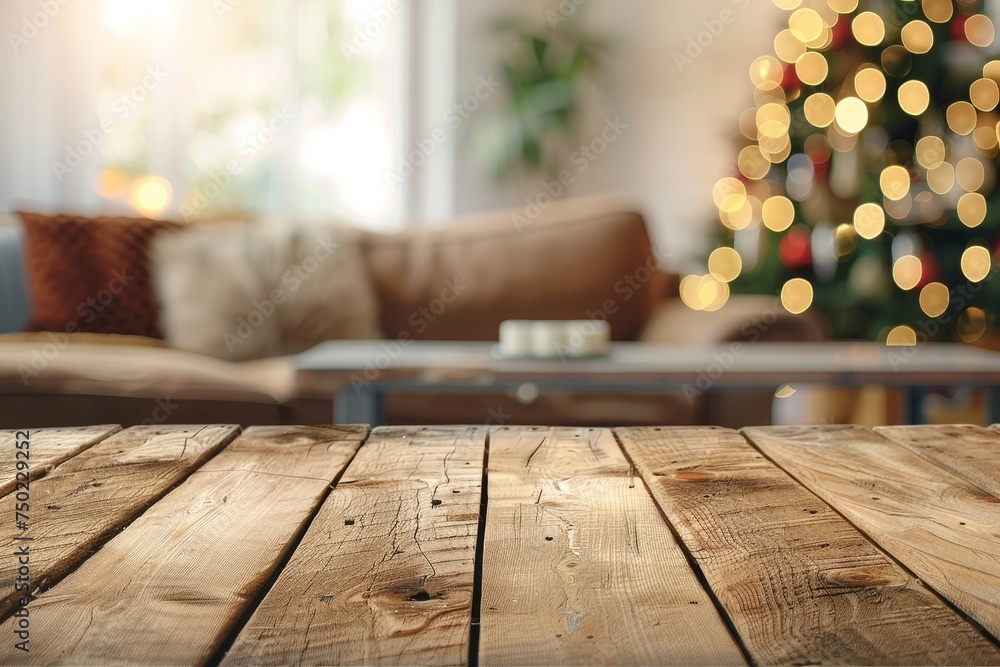 Background corner table with free space for decoration blurred home interior with sofa Christmas warmth and light