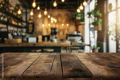 Blurry coffee shop interior seen through wooden table top