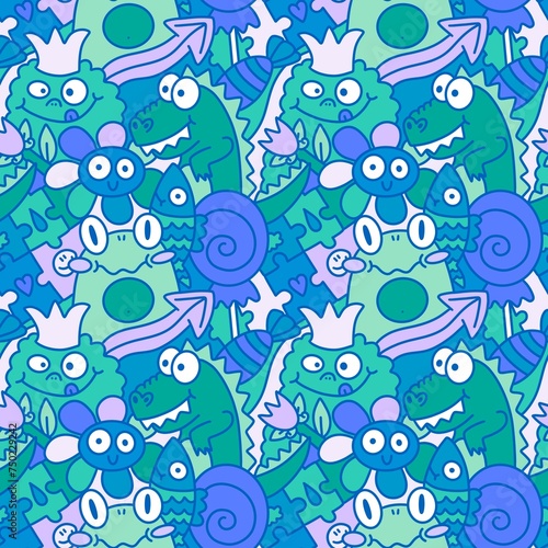 Cartoon animals doodle animals monsters seamless frogs and flower and dinosaur and fish pattern for wrapping paper