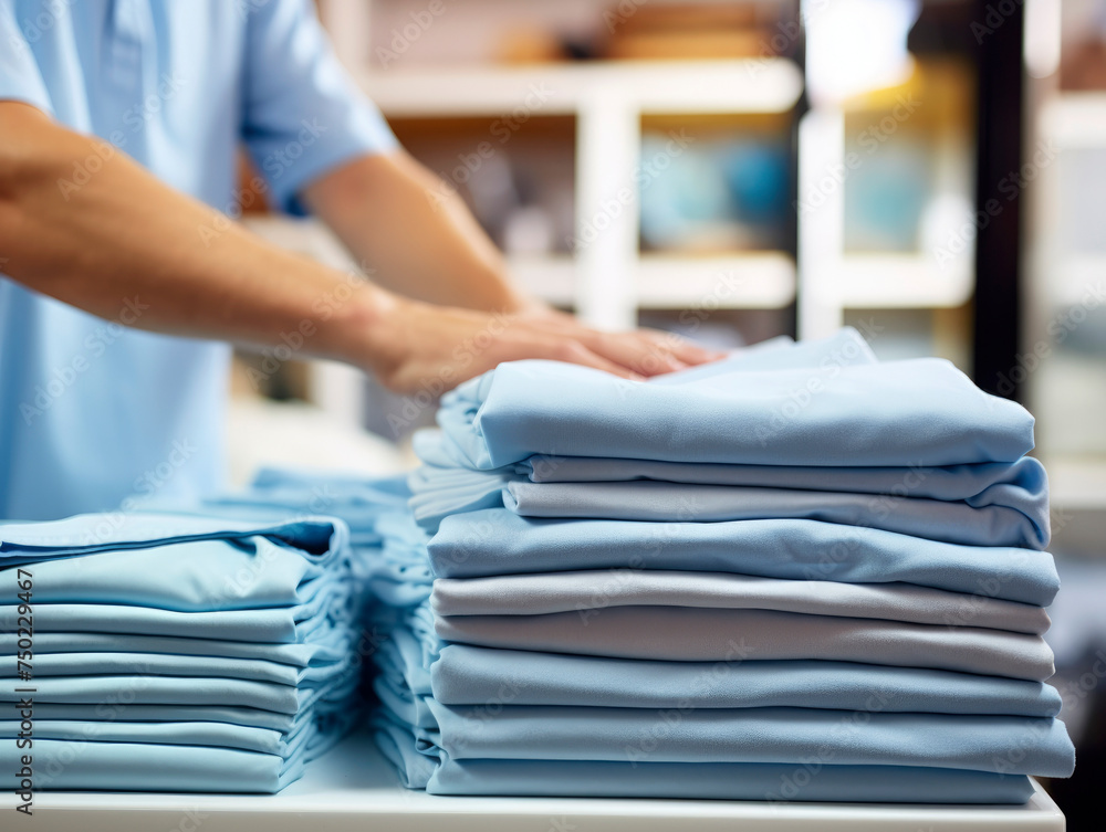 The hands of a laundry business owner meticulously folding freshly cleaned clothes placing it in a pile, washing and ironing service, the laundry industry The hands of a laundry business owner meticulously folding freshly cleaned clothes placing it in a pile, washing and ironing service, the laundry industry