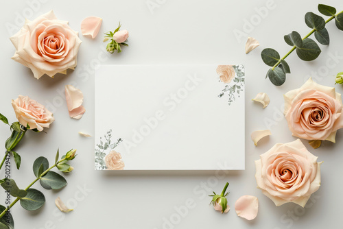 blank invitation mock up template with floral elements with peach roses and eucalyptus branches  modern and fresh on light background  top view.