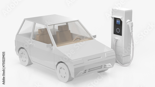 The white car and electric station for EV car concept 3d rendering.