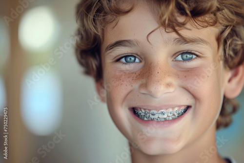 Portrait of a smiling 10 year old blond boy looking at camera in braces. photo