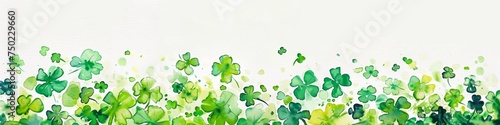 Watercolor illustration, vibrant green clovers on a white background, ample copy space at the top, St. Patrick's Day theme. Card. Banner.