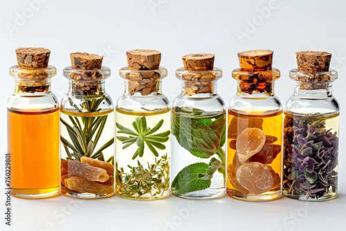 Bottles of various essential oils including frankincense tulsi and mountain savory on a white surface