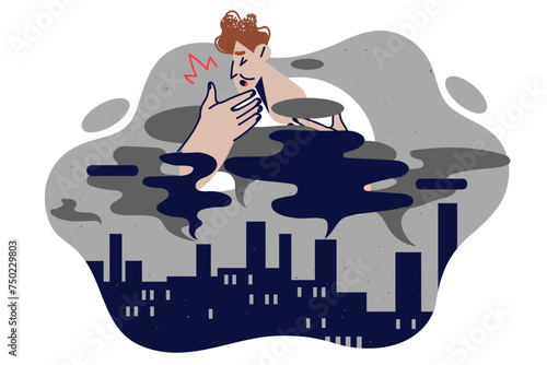 Toxic exhaust from factories causes man to cough and pollutes air, causes cancer disease