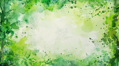 Watercolor painting, St. Patrick's Day celebration, abstract green background with a central void for copy, splashes and droplets around the edges, vibrant green palette. Card. Banner