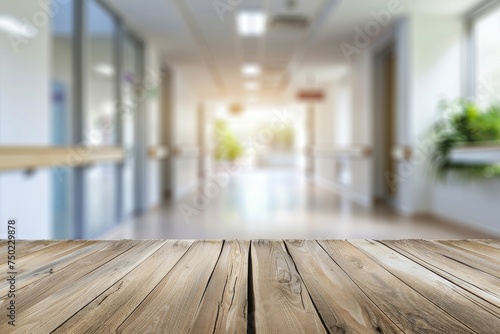 Blurred hospital viewed through wooden table