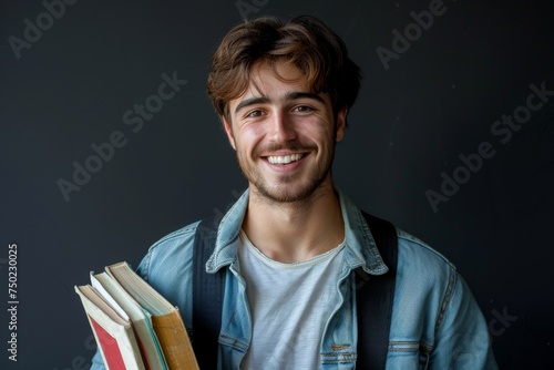 Closeup of a cheerful prepared man holding books ready to ace his exam with a positive expression on his face isolated on a dark background photo