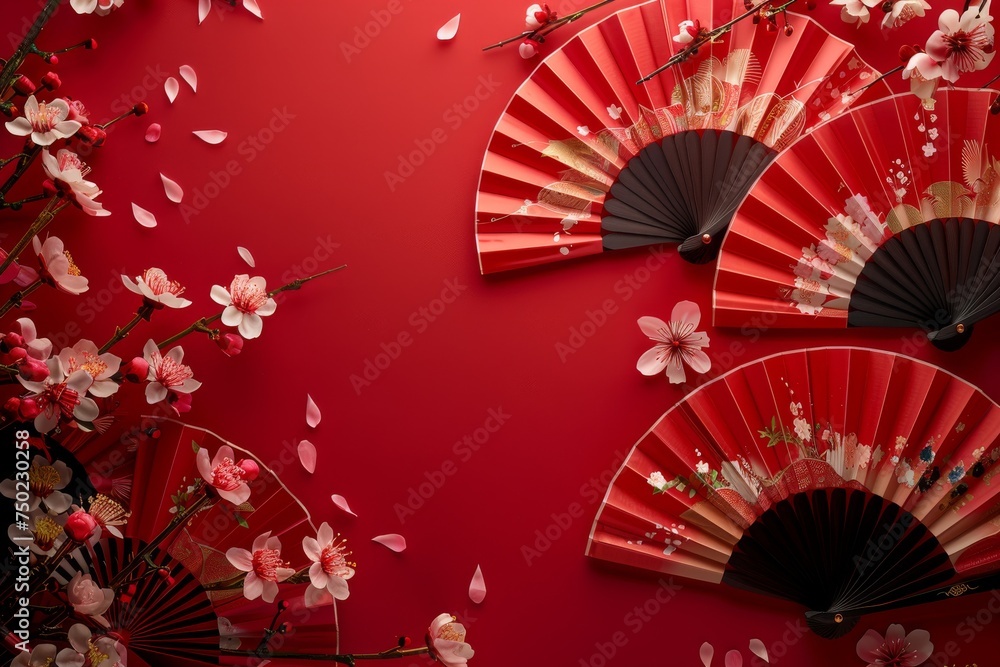 Chinese New Year 2024 depicted with red background paper fans and sakura