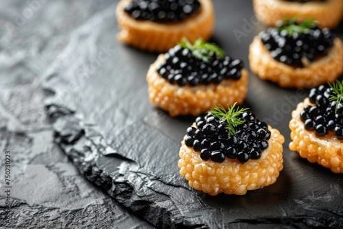 Black background with space for text canape topped with black sturgeon caviar