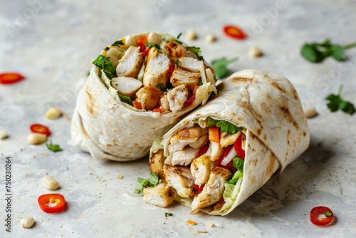 Chicken and vegetable filled burritos on a light background a Mexican dish