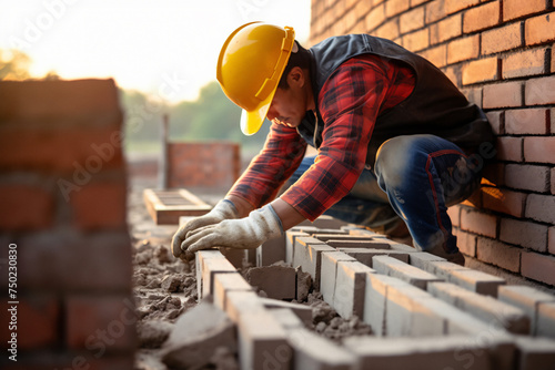 brick wall, bricklayer building walls, Bricklayer installs bricks, Professional worker, ndustrial bricklayer