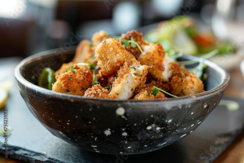 Chicken Popcorn small breaded and deep fried chicken slices arranged on a table dish Horizontal