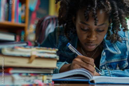 African American woman writing in notebook at home with books representing learning and education with technology