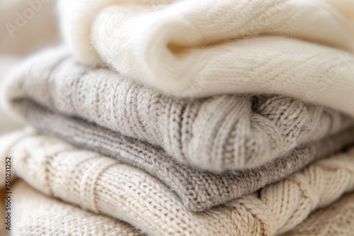 Cashmere sweaters in neutral tones of white gray and beige are neatly piled