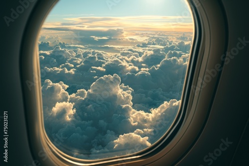 Aircraft window view of clouds and sky