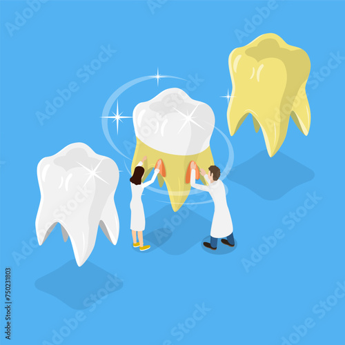 3D Isometric Flat Vector Illustration of Teeth Whitening, Dental Plaque Removal Procedure