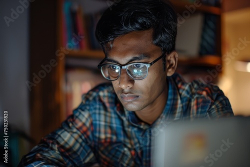 An Indian professional student wearing glasses is studying on his laptop at home