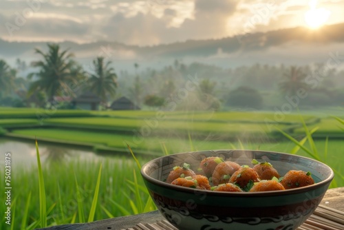 A bowl of meatball near a Rice field in the village in the morning photo