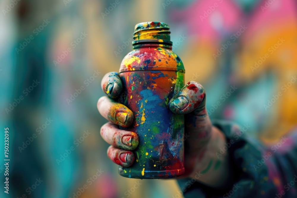 A person is holding a colorful spray paint can with their hand