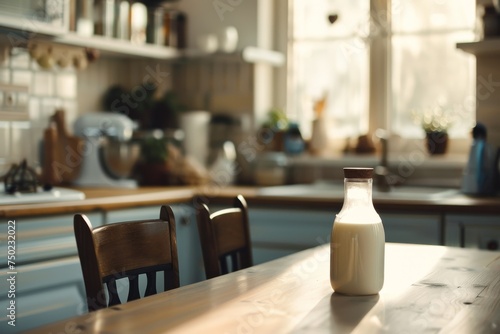 Baby s milk bottle on kitchen table photo