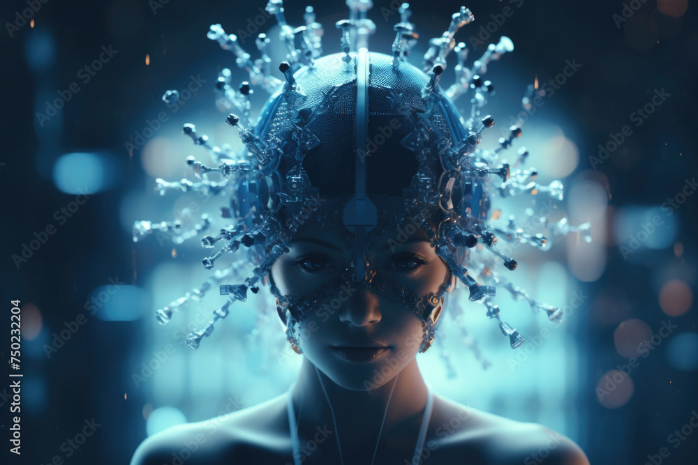 A woman with a blue headpiece and a necklace A woman with a blue headpiece and a necklace